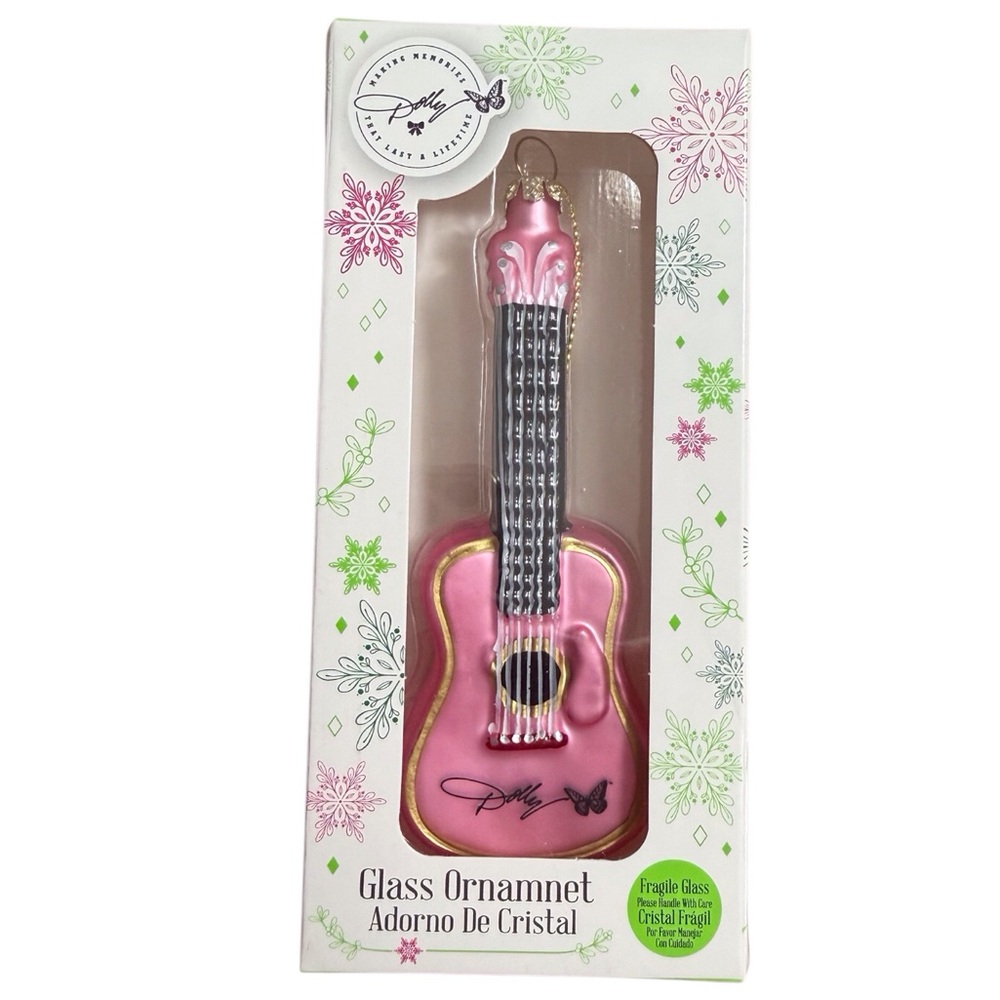 Dolly Parton 4 1/2 inch Pink Guitar Holiday Glass Ornament new in box